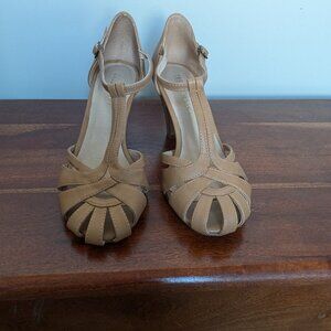 Beige t-strap heels